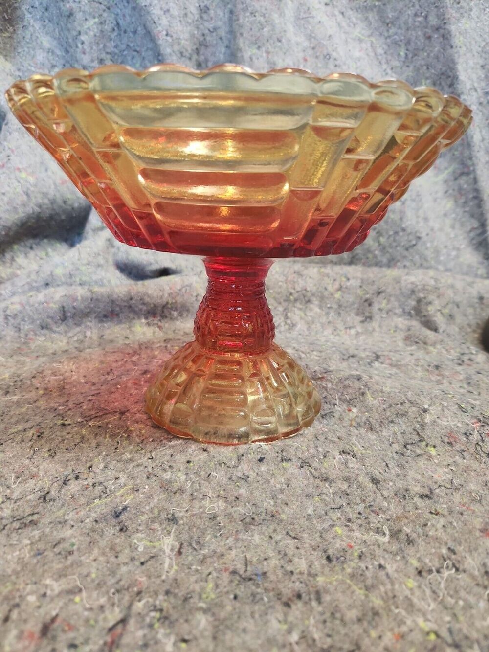 Vintage Red And Yellow Amberina Carnival Glass Jeanette “Louisa” Pedistal Fruit